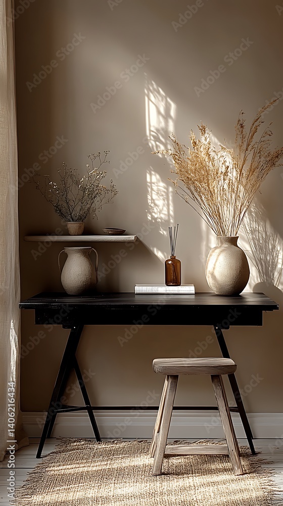 Natural Light on Desk with Vases and Wooden Stool, Minimalist Interior Decor Still Life for Home Design Inspiration.