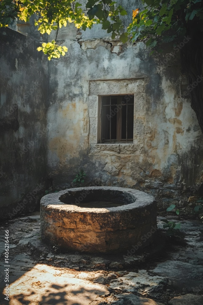 Fototapeta premium The ancient well and mottled light and shadow in the courtyard
