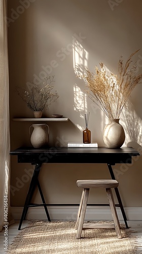 Obraz na płótnie Natural Light on Desk with Vases and Wooden Stool, Minimalist Interior Decor Still Life for Home Design Inspiration. w salonie