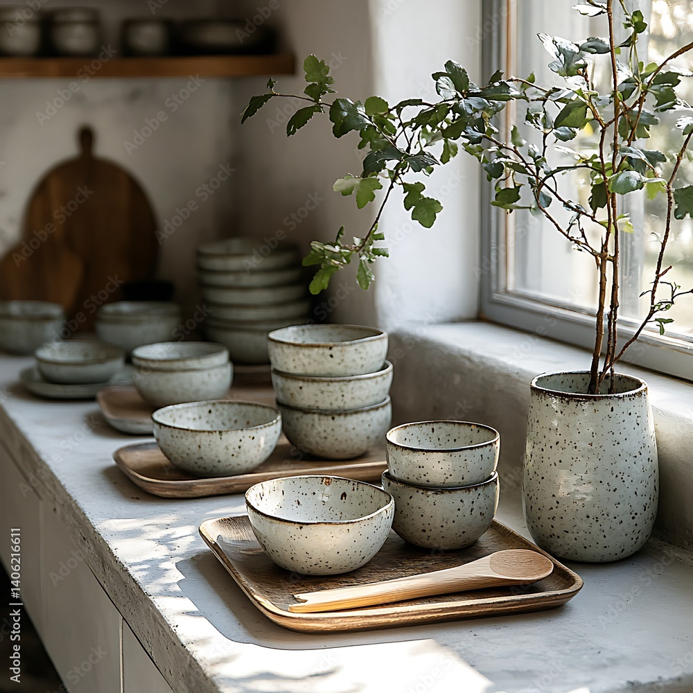 Neutral Ceramic Bowls with Wooden Accents and Natural Light on a Kitchen Counter by a Window.