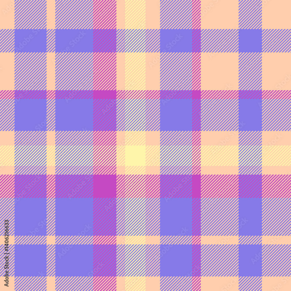 Soft pastel plaid pattern. Textile design with intersecting lines in purple, pink, and yellow hues. Use for backgrounds, apparel, or graphic design. Soft pastel plaid pattern. Textile design with intersecting lines in purple, pink, and yellow hues. Use for backgrounds, apparel, or graphic design.