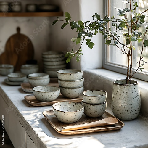 Obraz na płótnie Neutral Ceramic Bowls with Wooden Accents and Natural Light on a Kitchen Counter by a Window. w salonie