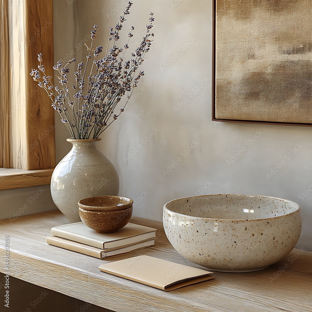 Neutral Interior Still Life: Ceramic Bowls, Lavender in Vase, Stack of Books, and Minimalist Art.