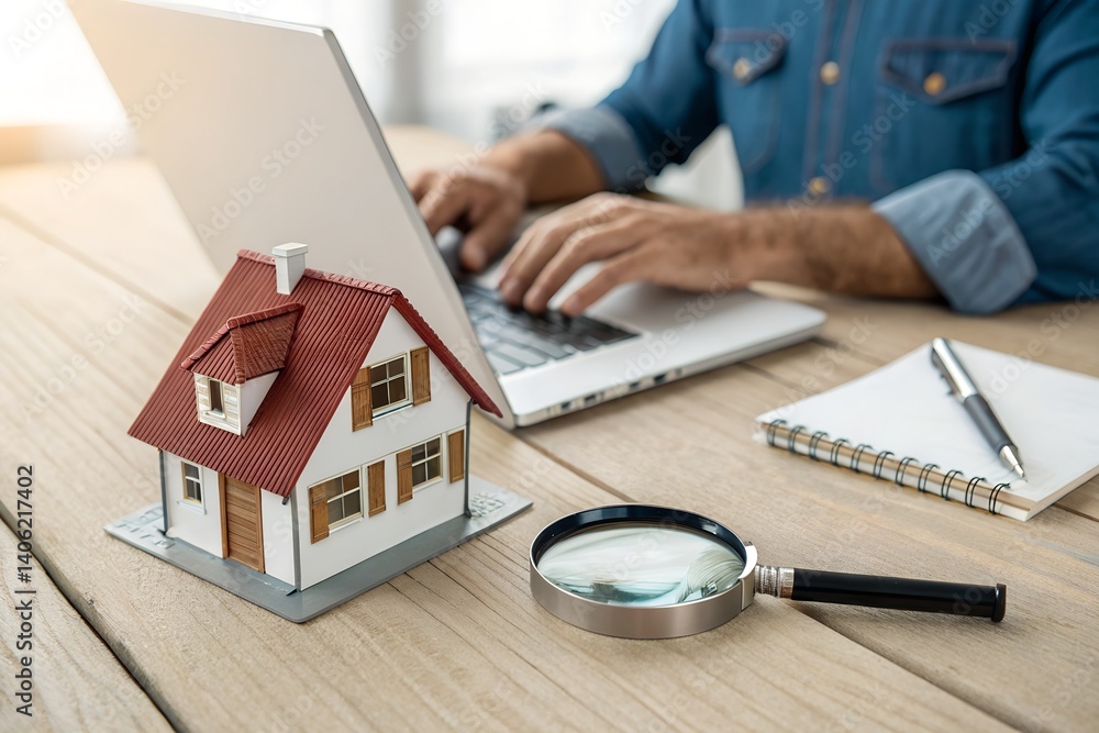 Fototapeta premium Real Estate Search: A man diligently searching for a new home, the image shows a laptop, a miniature house, and a magnifying glass, capturing the meticulous search for a dream home. 