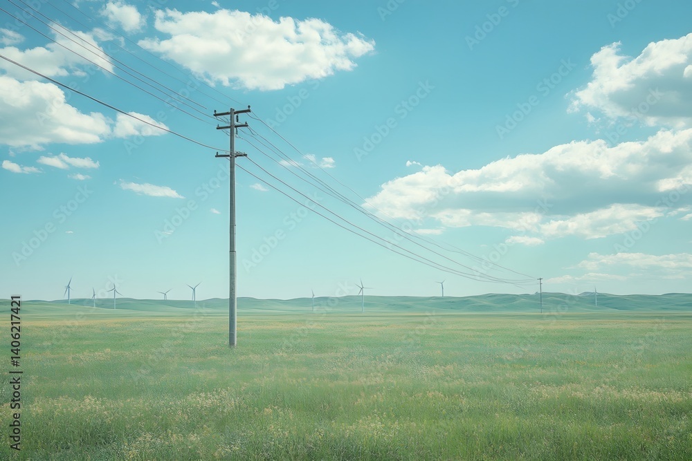Winding cables connecting wind turbines under the blue sky Winding cables connecting wind turbines under the blue sky