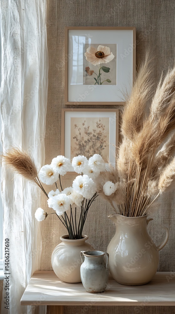 Neutral Toned Interior Decor: Vases with Floral and Dried Grass Arrangements, Picture Frames on Textured Beige Wall