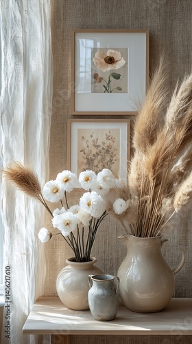 Obraz na płótnie Neutral Toned Interior Decor: Vases with Floral and Dried Grass Arrangements, Picture Frames on Textured Beige Wall w salonie