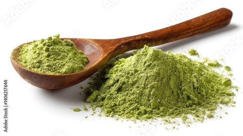 Matcha green powder pile, tea in wooden spoon isolated on white background, side view 