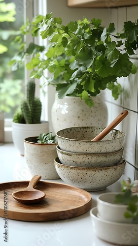 Obraz na płótnie Neutral Toned Kitchenware Still Life Featuring Stoneware Bowls, Wooden Utensils, and Greenery in a Bright, Natural Light Setting. w salonie