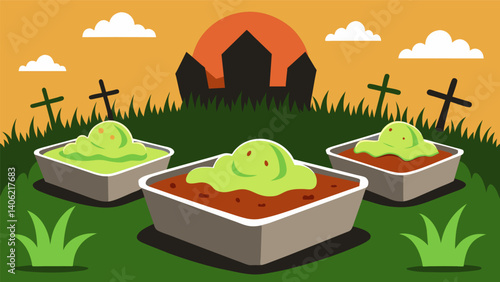 A graveyard scene made from a tray of layered dips with guacamole as the grass black bean dip as the dirt and sour cream tombstones on top.. Vector illustration