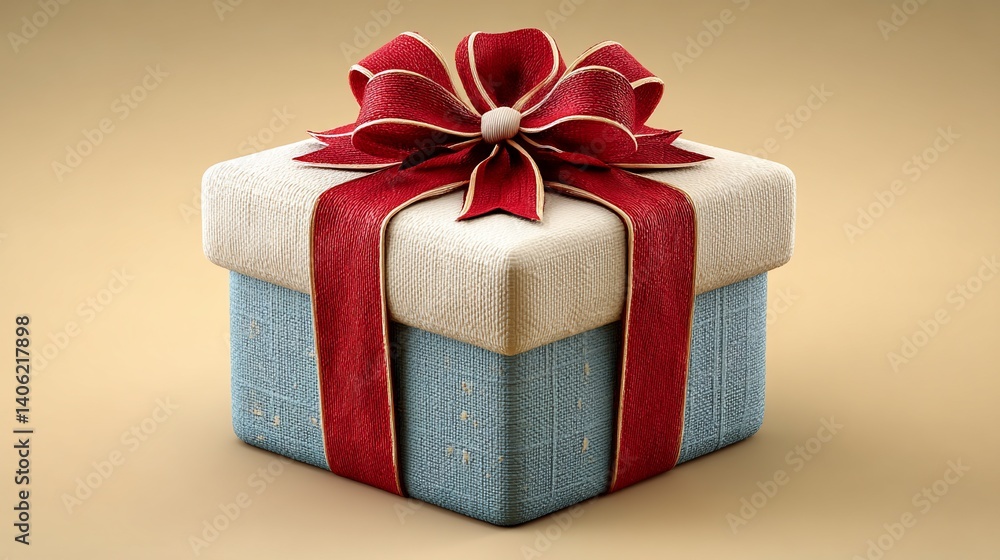 Elegant square gift box with creamy top and red ribbon Elegant square gift box with creamy top and red ribbon