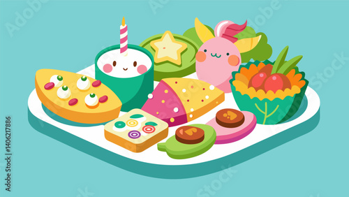 A grazing platter filled with bitesize versions of trendy foods including avocado toast bites unicorn popcorn and avocado rose sandwiches.. Vector illustration