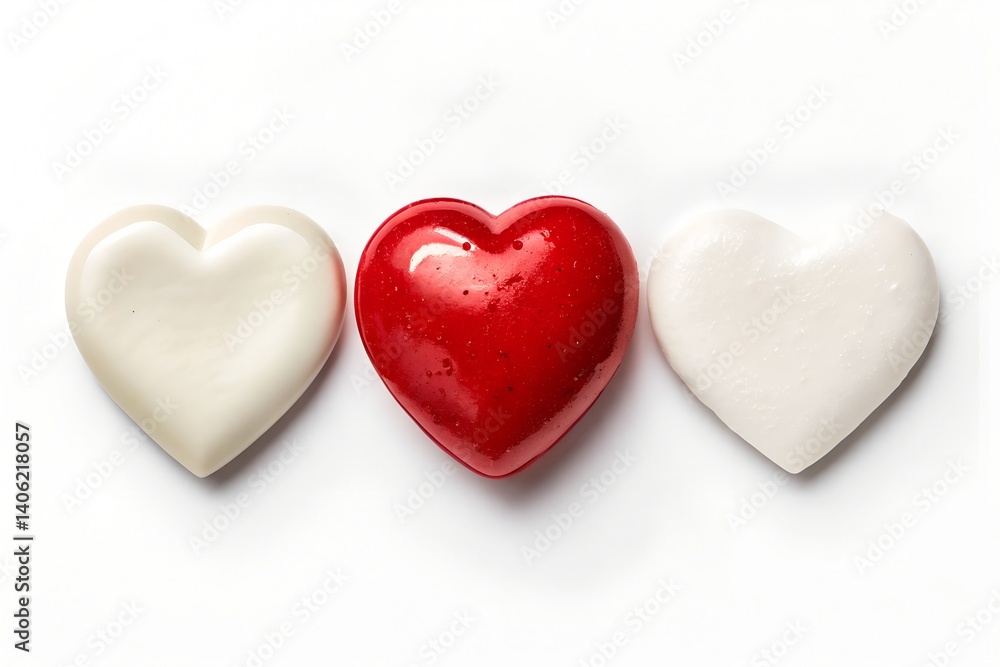 Three Hearts in Row: A visual metaphor depicting three ceramic hearts, one red and two white, arranged in a row. The hearts represent love, care, and connection. Three Hearts in Row: A visual metaphor depicting three ceramic hearts, one red and two white, arranged in a row. The hearts represent love, care, and connection.