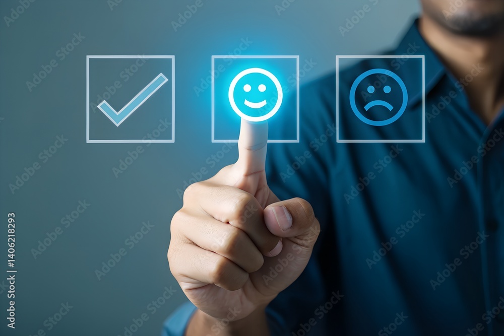 Customer Satisfaction Touch: A man's finger gently interacts with a glowing icon, representing customer feedback, highlighting the importance of satisfaction, choices, and experience in business. Customer Satisfaction Touch: A man's finger gently interacts with a glowing icon, representing customer feedback, highlighting the importance of satisfaction, choices, and experience in business.