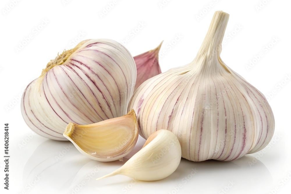 Obraz premium Garlic still life: A close-up image captures a selection of fresh garlic bulbs and cloves, displaying the natural textures and vibrant colors of this culinary staple.
