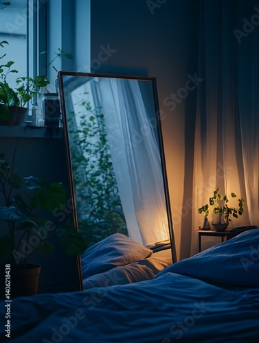 The mirror shadow of the bedroom under the moonlight