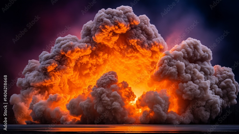 Fiery explosion, smoke billows, intense heat, reflected in dark water Fiery explosion, smoke billows, intense heat, reflected in dark water