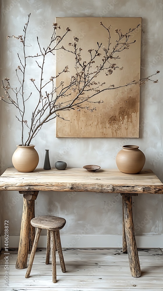 Rustic Aesthetic Still Life: Pottery Vases, Blossom Branches, Wooden Table, Stool, and Minimalist Art for Serene Interior Design.