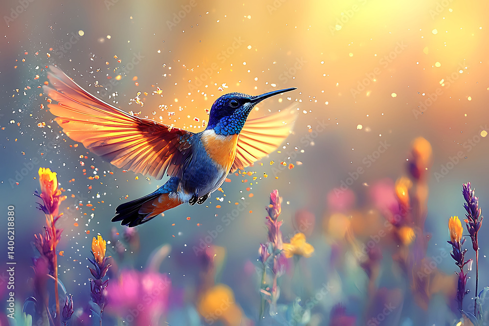 Fototapeta premium Vibrant hummingbird in flight, wings ablaze with golden light, amidst a bokeh of colorful wildflowers. A captivating image symbolizing freedom, grace, and the beauty of nature.