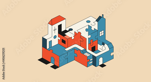 Flat modern illustration of a puzzle house with removable rooms and shifting corridors, surreal and playful structure in simple 2D shapes, symbolizing creativity and children's toy concept, with space