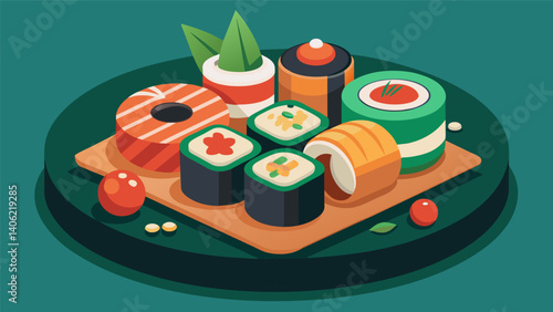 A fusion of Japanese and Western influences with sushi rolls creatively combined and arranged on a platter.. Vector illustration