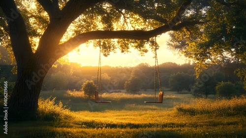 Swing under the old tree basking in the sunset glow