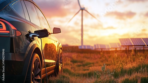 A dark-gray electric vehicle, charging at dusk, with a charging cable connected to the vehicle, is situated in a field next to a wind turbine and solar panels