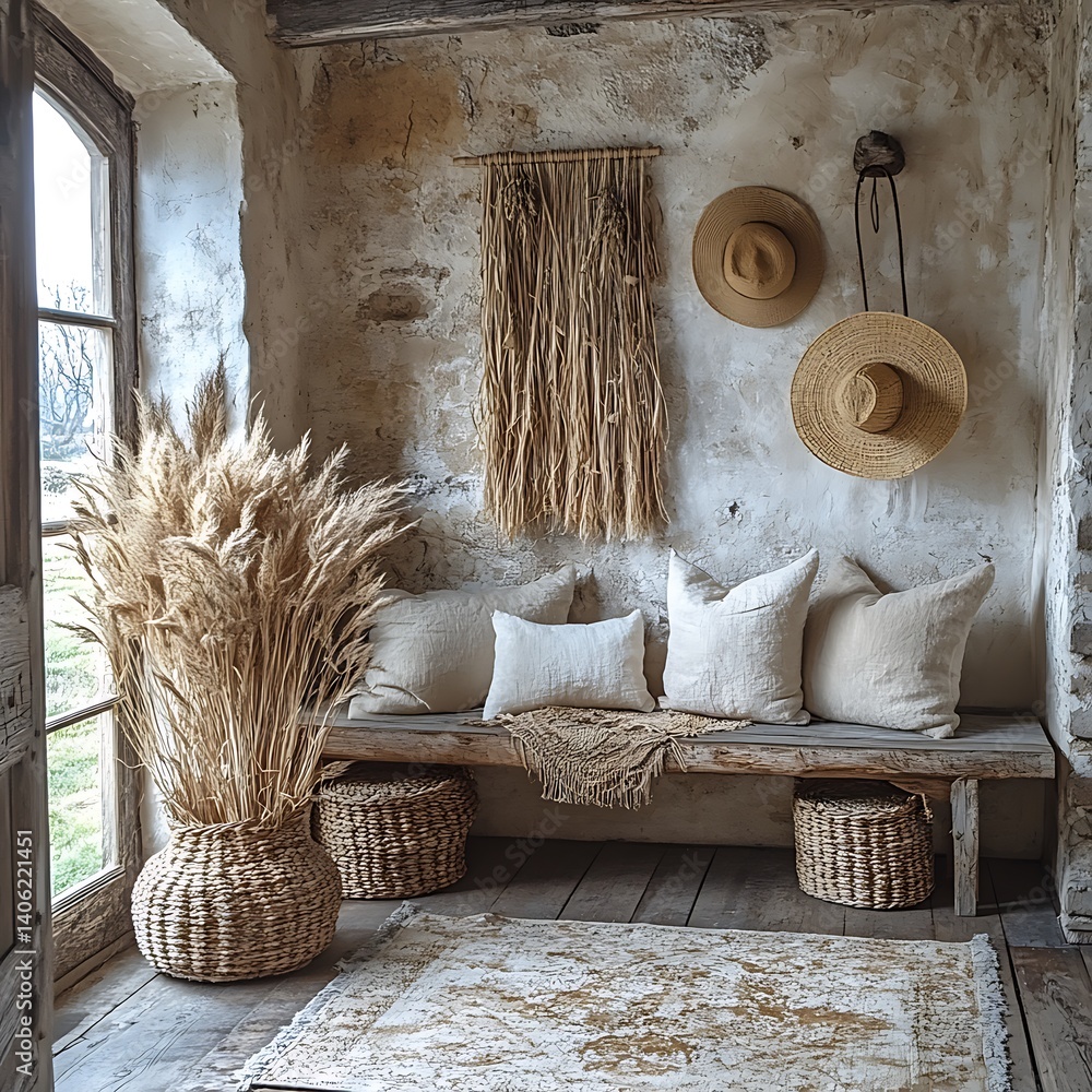 Rustic Home Interior with Natural Elements, Neutral Tones, Woven Textures, and Weathered Walls: A Calm and Inviting Indoor Space.