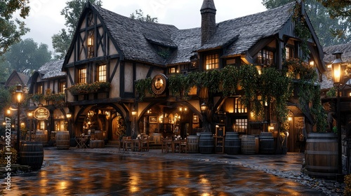 Enchanted Medieval Tavern on a Rainy Evening