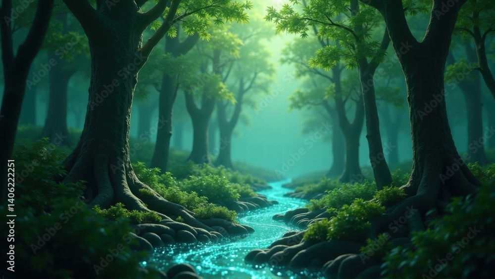 Fototapeta premium A peaceful forest scene with soft green light filtering through the trees, casting a calm glow on the forest floor, creating a serene and magical atmosphere. Generative, AI,