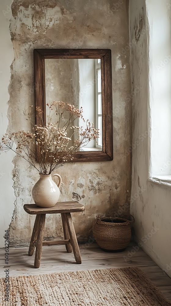 Rustic Interior Scene: Vase with Dried Flowers, Wooden Mirror, Stool, and Basket Against Textured Wall.