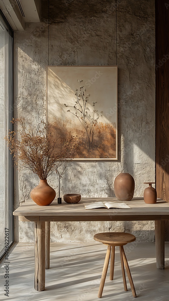 Rustic Interior Scene: Wooden Table, Pottery Vases, and Artistic Wall Decor in Natural Light, Featuring Textured Walls and Warm, Earthy Tones.