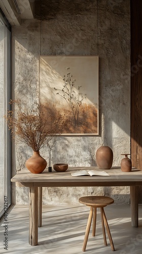 Obraz na płótnie Rustic Interior Scene: Wooden Table, Pottery Vases, and Artistic Wall Decor in Natural Light, Featuring Textured Walls and Warm, Earthy Tones. w salonie
