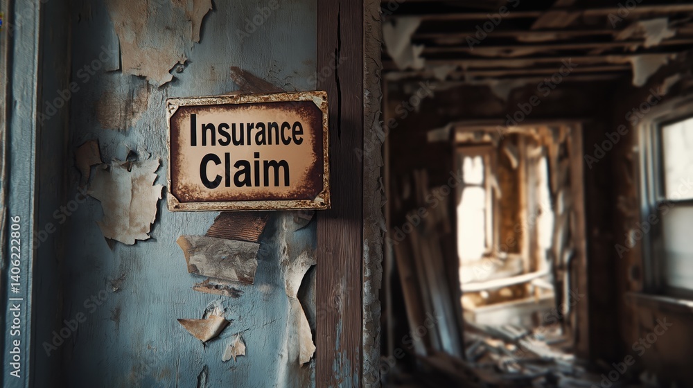 Fototapeta premium A dimly lit interior room with a chipped, peeling, grayish-blue wall featuring the words Insurance Claim in a light beige