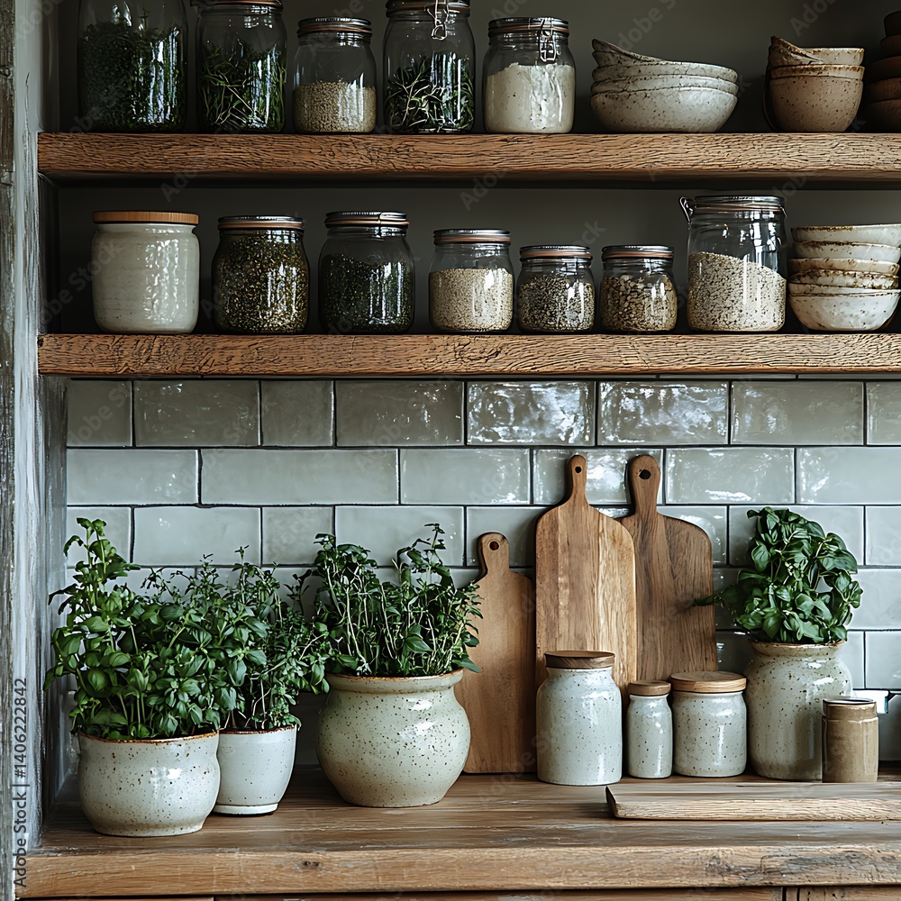 Rustic kitchen decor with shelves containing jars of grains, herbs, bowls, potted plants, and wooden cutting boards arranged against tile backdrop.