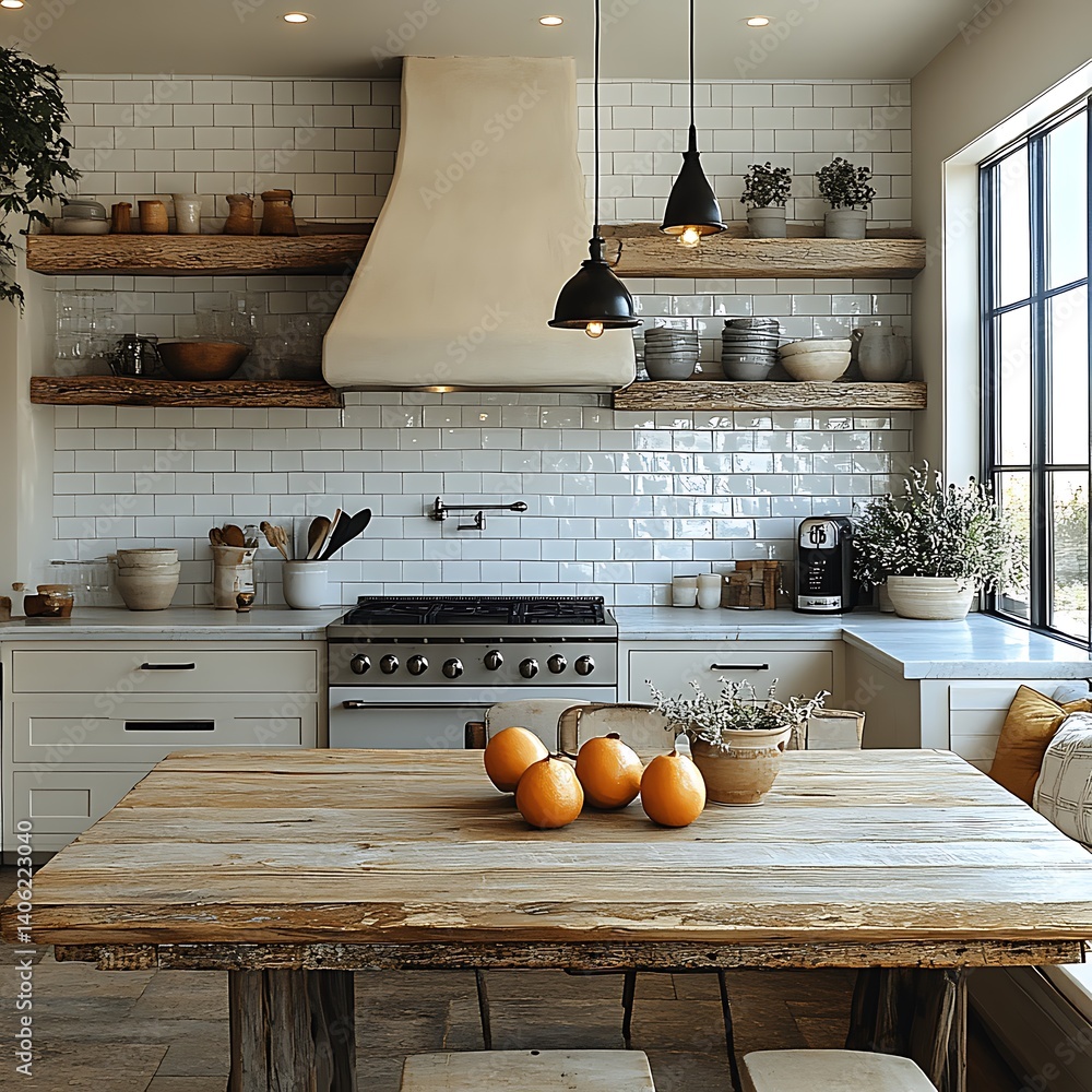 Rustic kitchen design featuring a wooden table with citrus fruits, open shelving, and pendant lighting enhancing the cozy interior.