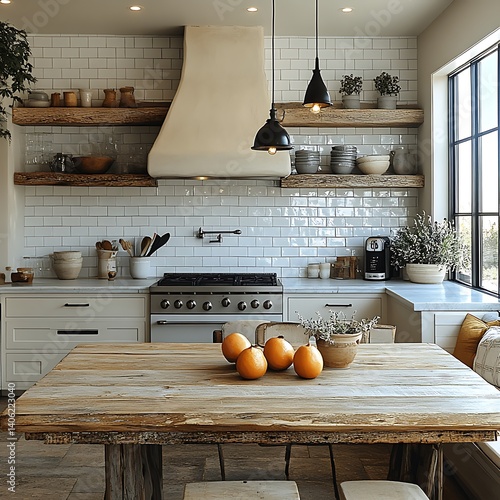 Obraz na płótnie Rustic kitchen design featuring a wooden table with citrus fruits, open shelving, and pendant lighting enhancing the cozy interior. w salonie