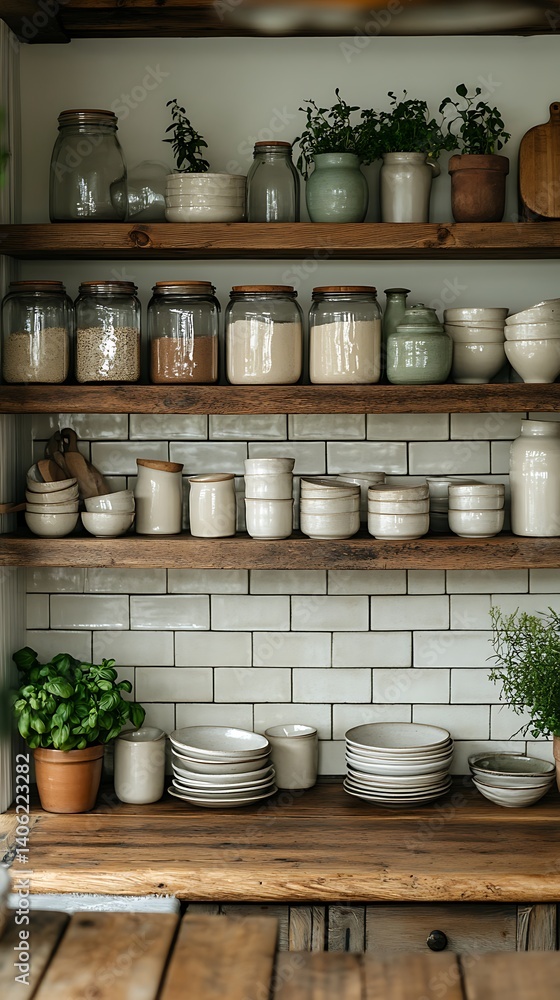Rustic Kitchen Shelves with Glass Jars, Ceramics, and Greenery on a Wood Countertop, Against White Tile.