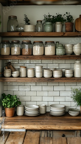 Obraz na płótnie Rustic Kitchen Shelves with Glass Jars, Ceramics, and Greenery on a Wood Countertop, Against White Tile. w salonie
