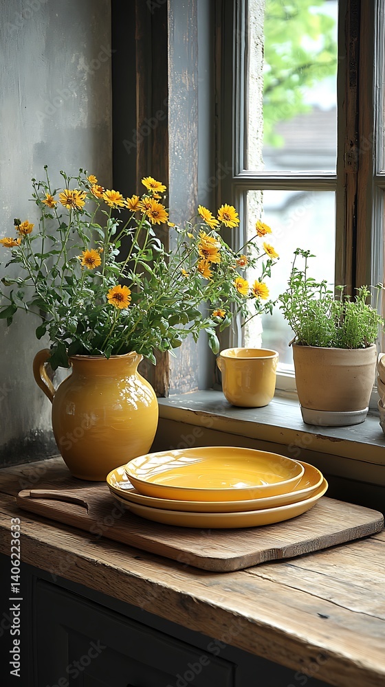 Rustic Kitchen Still Life: Yellow Flowers, Dishes, and Herbs by a Vintage Window for Home Decor.