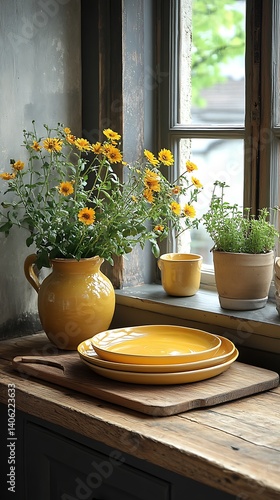 Obraz na płótnie Rustic Kitchen Still Life: Yellow Flowers, Dishes, and Herbs by a Vintage Window for Home Decor. w salonie