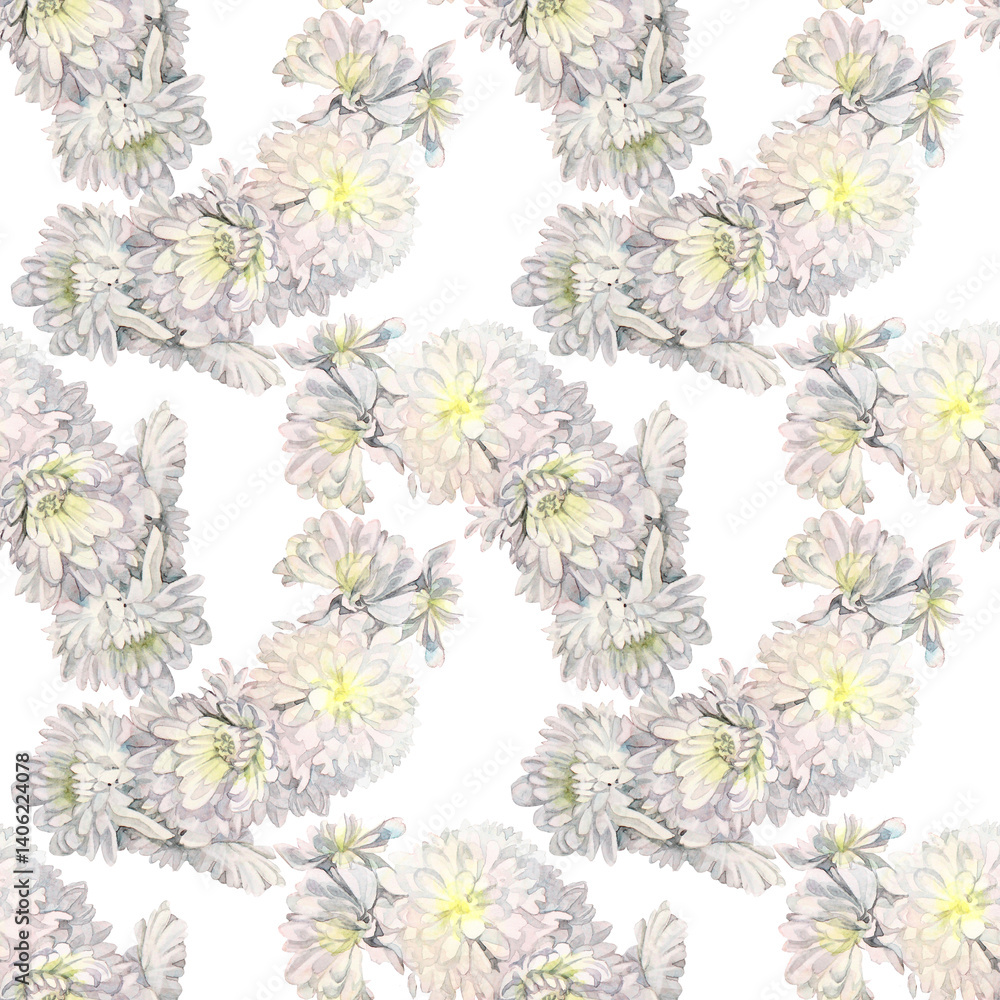 Fototapeta premium Watercolor seamless pattern with bouquet flower chrysanthemum isolated on white background. Hand-drawn art for sticker or sketchbook. Florist card or wedding celebration. Wallpaper or wrapping