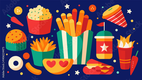 A fiery spread of snacks including y sweet potato fries and zesty chipotle popcorn.. Vector illustration