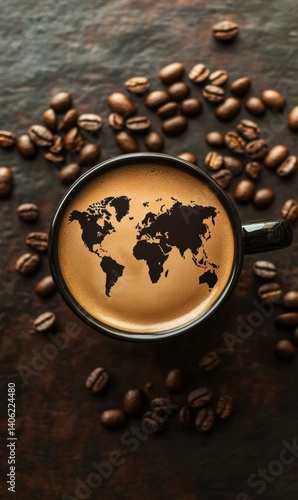 A black coffee cup sits against a rustic wooden surface, showcasing a beautifully detailed world map design formed by the coffee's crema. Surrounding the cup is a scattering of roasted coffee beans