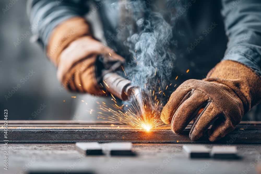 Skilled Person Welding Metal Parts Together with Sparks and Smoke in Workshop Environment