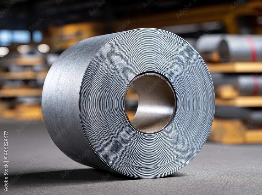 Close-up View of Aluminum Rolls and Plates in Industrial Environment with Soft Lighting Effects