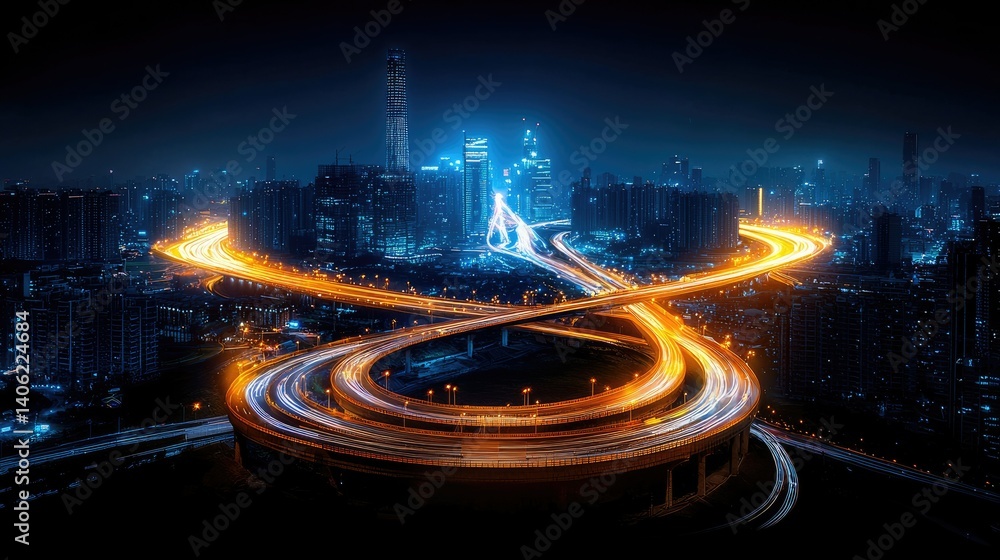 Fototapeta premium Night Cityscape: Elevated Highway Interchange at Night with Dynamic City Lights