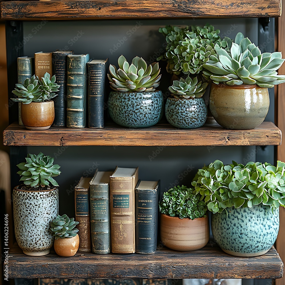 Rustic wooden bookshelf displaying vintage books and vibrant potted succulents, creating an inviting and tranquil home decor scene.