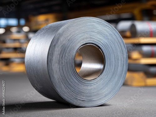 Obraz na płótnie Close-up View of Aluminum Rolls and Plates in Industrial Environment with Soft Lighting Effects w salonie