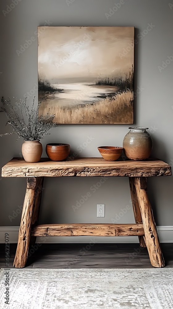Rustic Wooden Console Table with Ceramic Vases and Abstract Painting for Home Interior Decor.